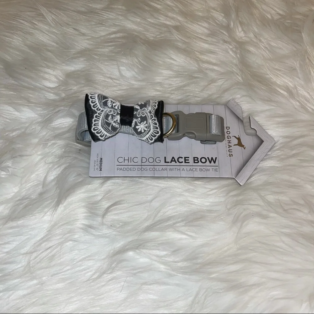NWT Doghaus Gray Lace Bow Princess Clip Collar Medium